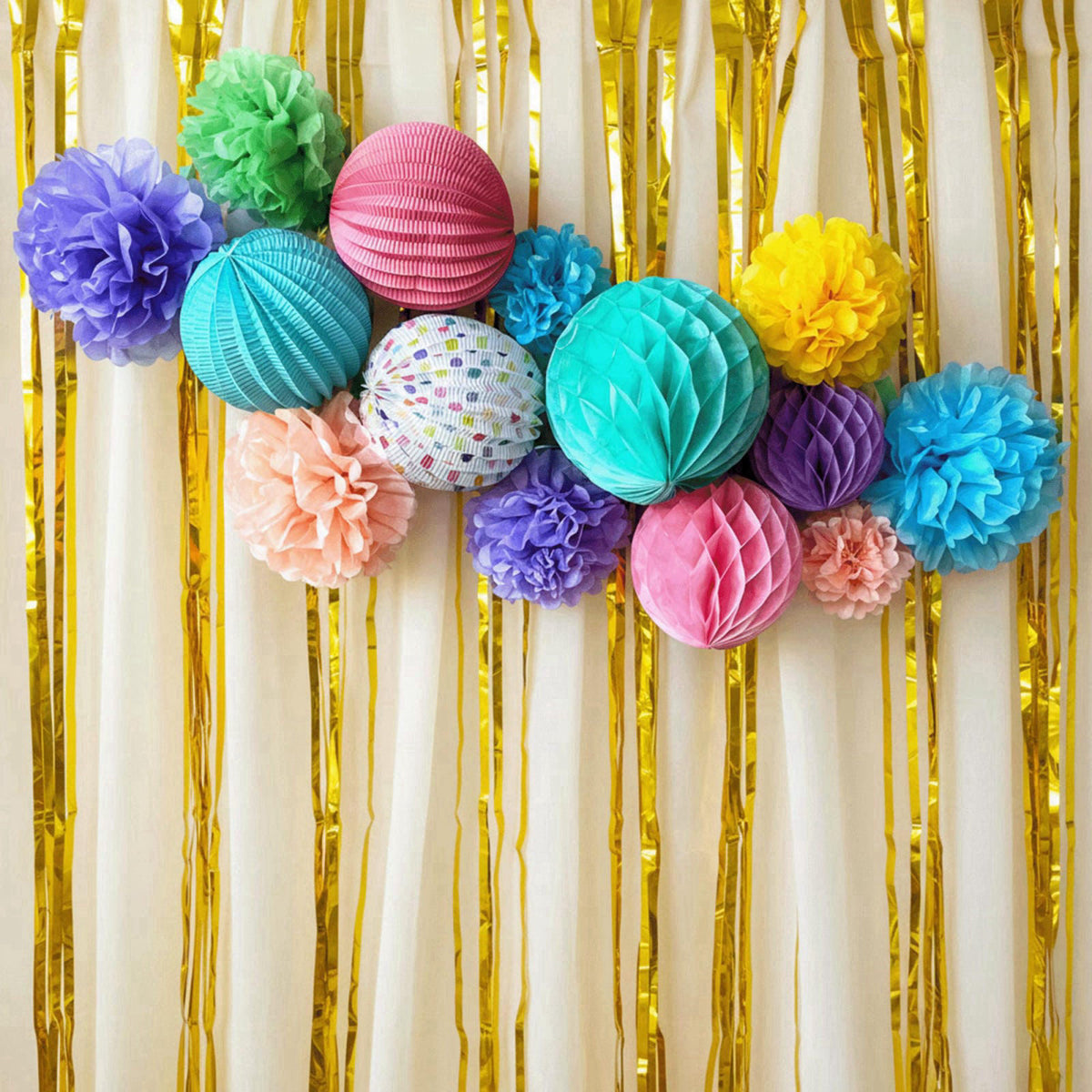 PapaKit Premium Paper Decoration Set - Pom Pom, Honeycomb and Accordion Lantern (Festive Colors) Birthday Party Baby Sho