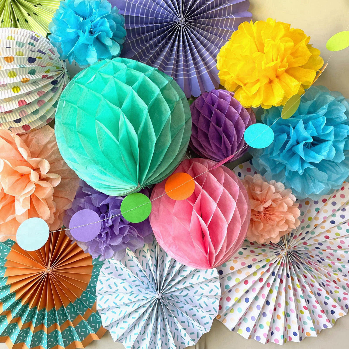 PapaKit Premium Paper Decoration Set - Pom Pom, Honeycomb and Accordion Lantern (Festive Colors) Birthday Party Baby Sho