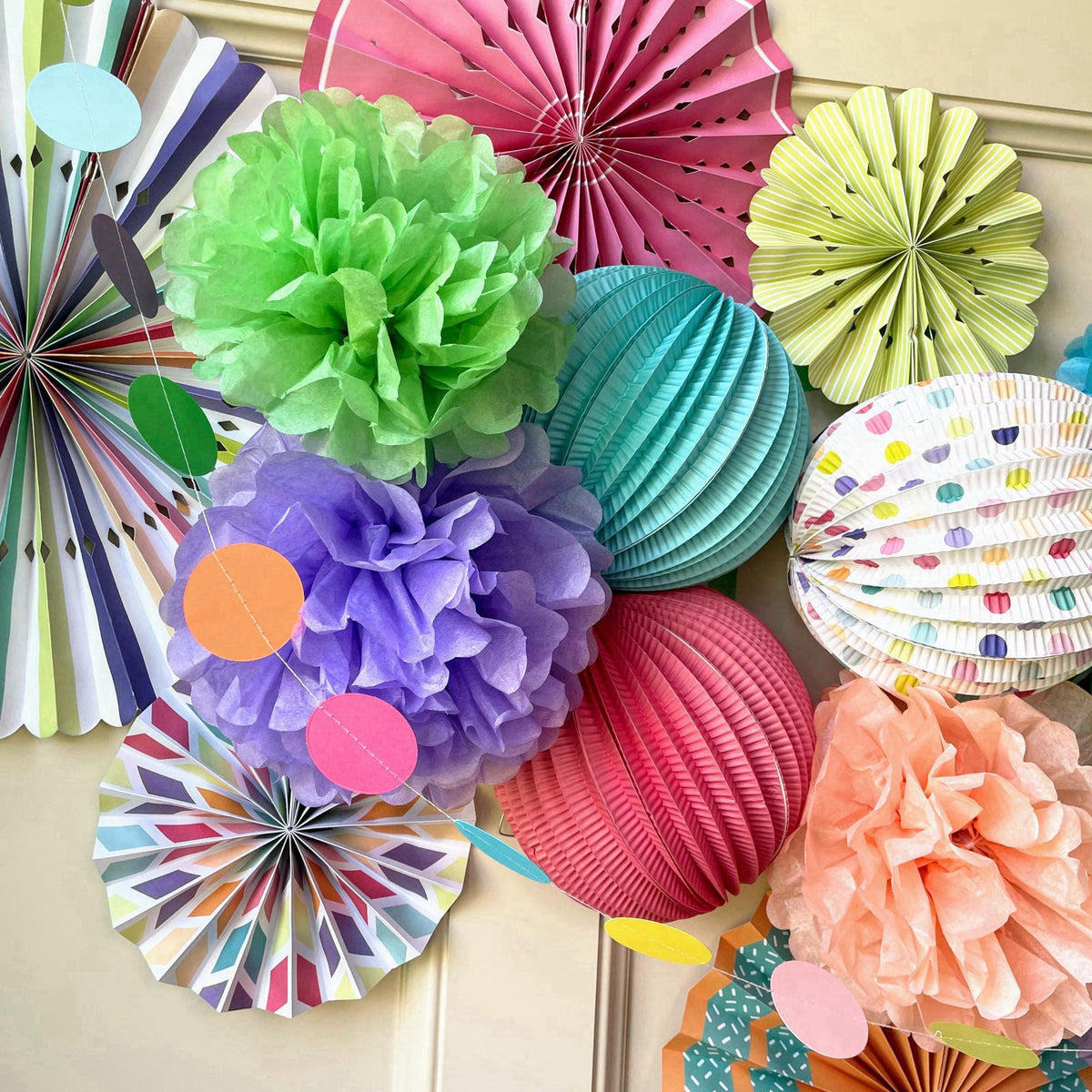 PapaKit Premium Paper Decoration Set - Pom Pom, Honeycomb and Accordion Lantern (Festive Colors) Birthday Party Baby Sho