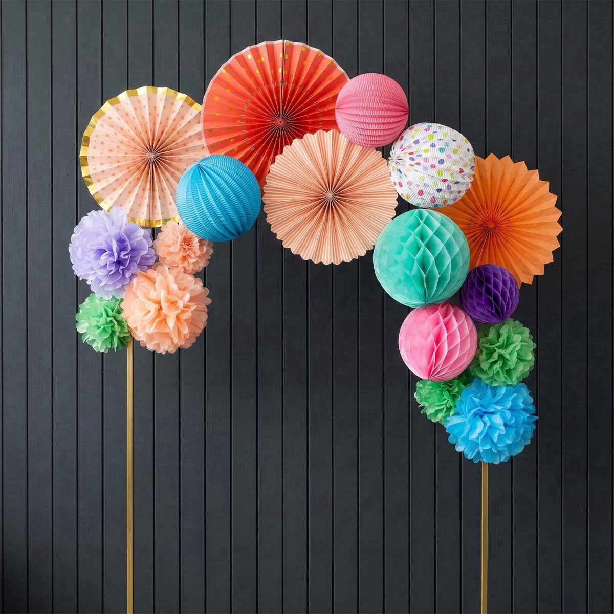 PapaKit Premium Paper Decoration Set - Pom Pom, Honeycomb and Accordion Lantern (Festive Colors) Birthday Party Baby Sho