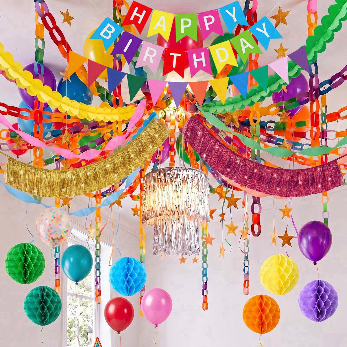 TaoBary Happy Birthday Decorations 492ft Crepe Streamers 600 Sheet Paper Chain Garland Happy Birthday Banner Fringe Tins