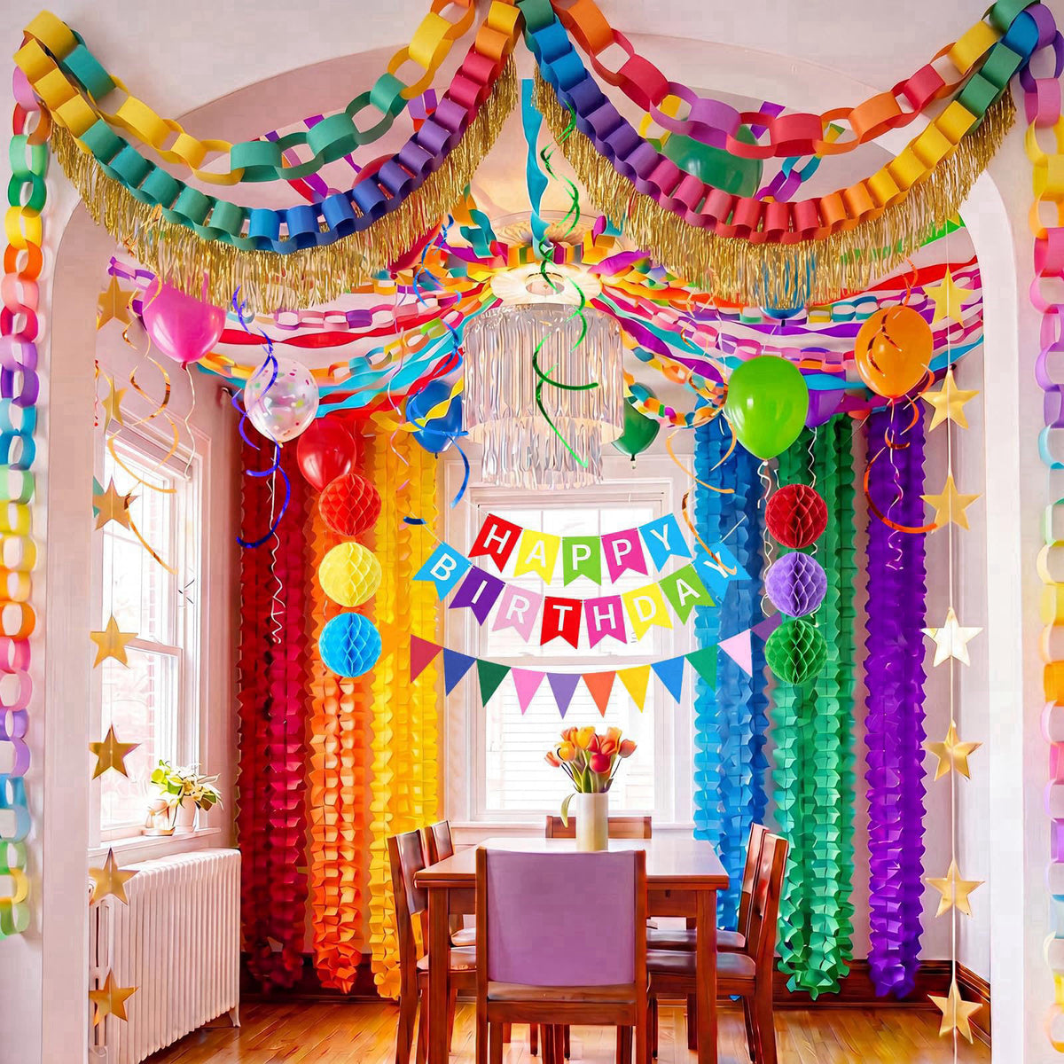 TaoBary Happy Birthday Decorations 492ft Crepe Streamers 600 Sheet Paper Chain Garland Happy Birthday Banner Fringe Tins