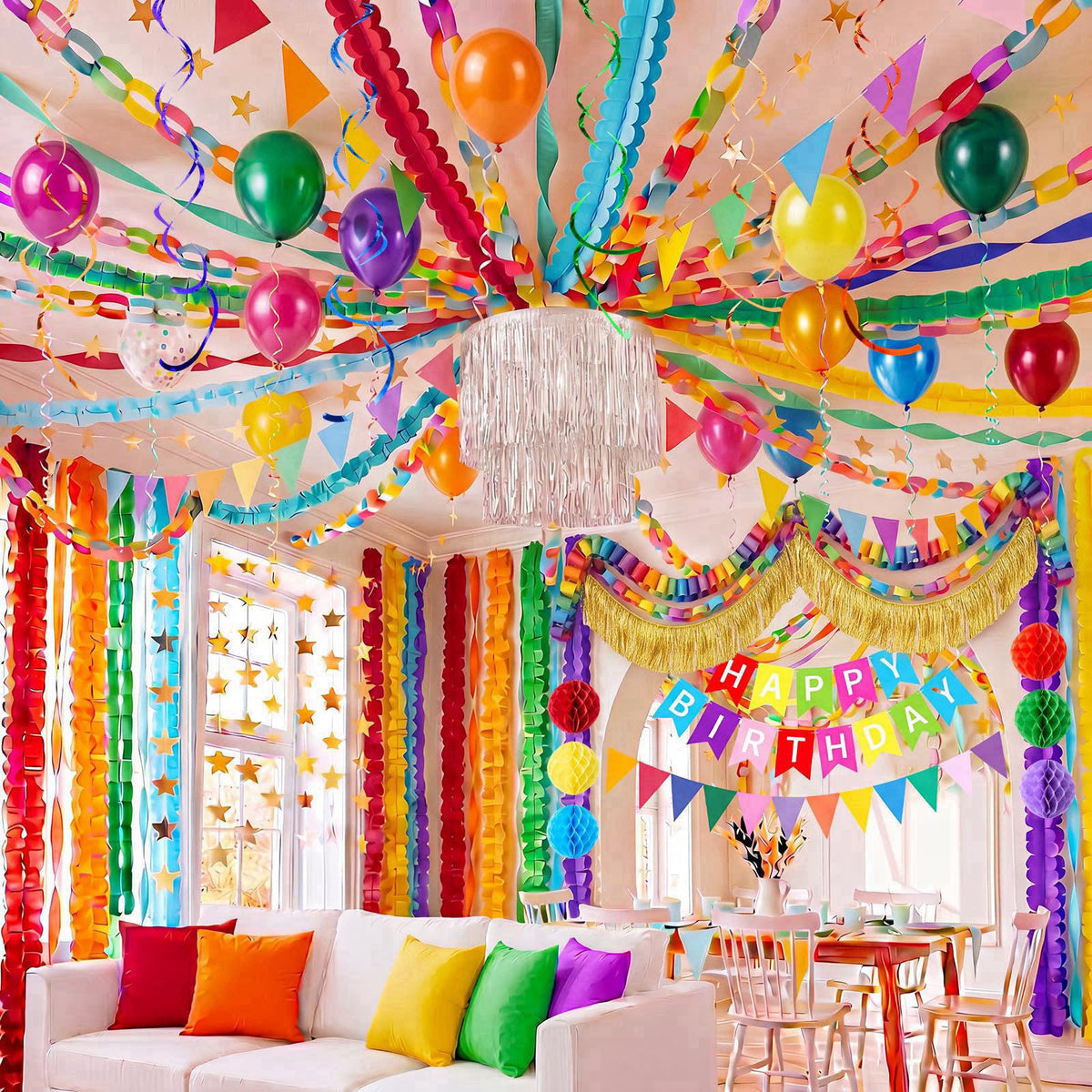 TaoBary Happy Birthday Decorations 492ft Crepe Streamers 600 Sheet Paper Chain Garland Happy Birthday Banner Fringe Tins