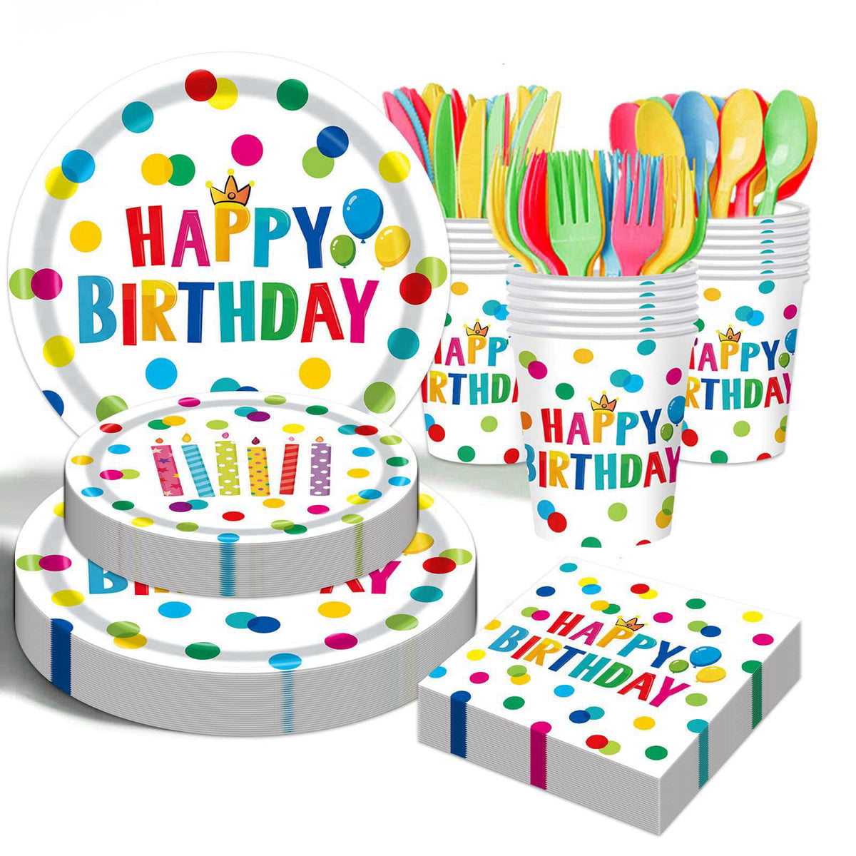 B4b3e Happy Birthday Decorations, 175Pcs Happy Birthday Party Supplies Paper Plates and Napkins Sets, Birthday Dots Desi