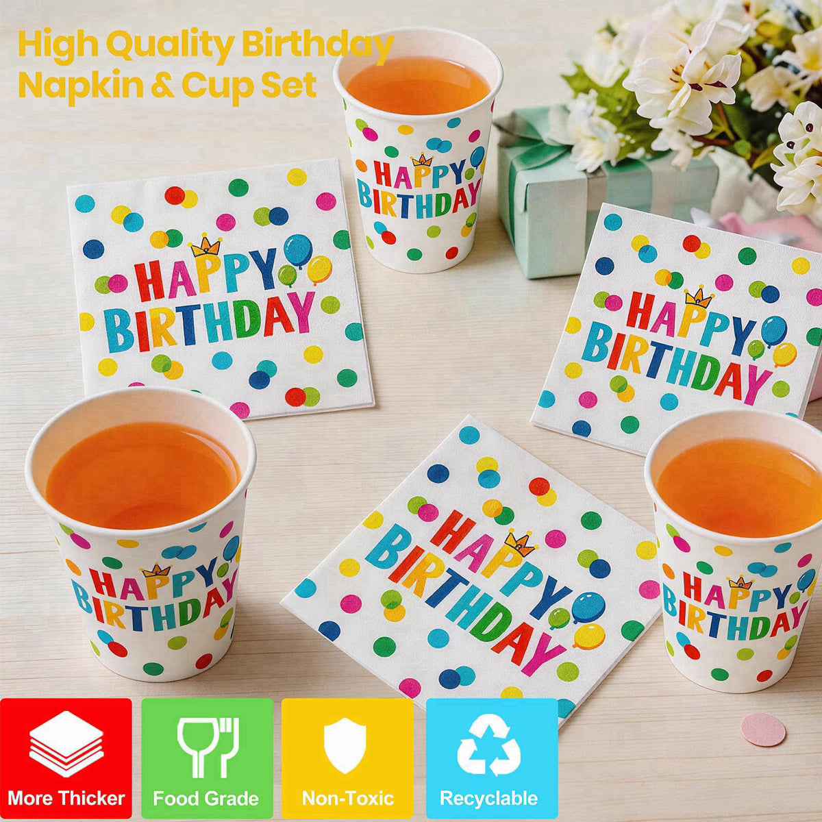 B4b3e Happy Birthday Decorations, 175Pcs Happy Birthday Party Supplies Paper Plates and Napkins Sets, Birthday Dots Desi