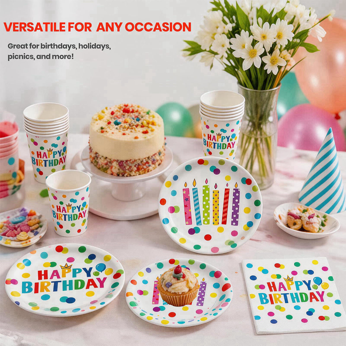 B4b3e Happy Birthday Decorations, 175Pcs Happy Birthday Party Supplies Paper Plates and Napkins Sets, Birthday Dots Desi