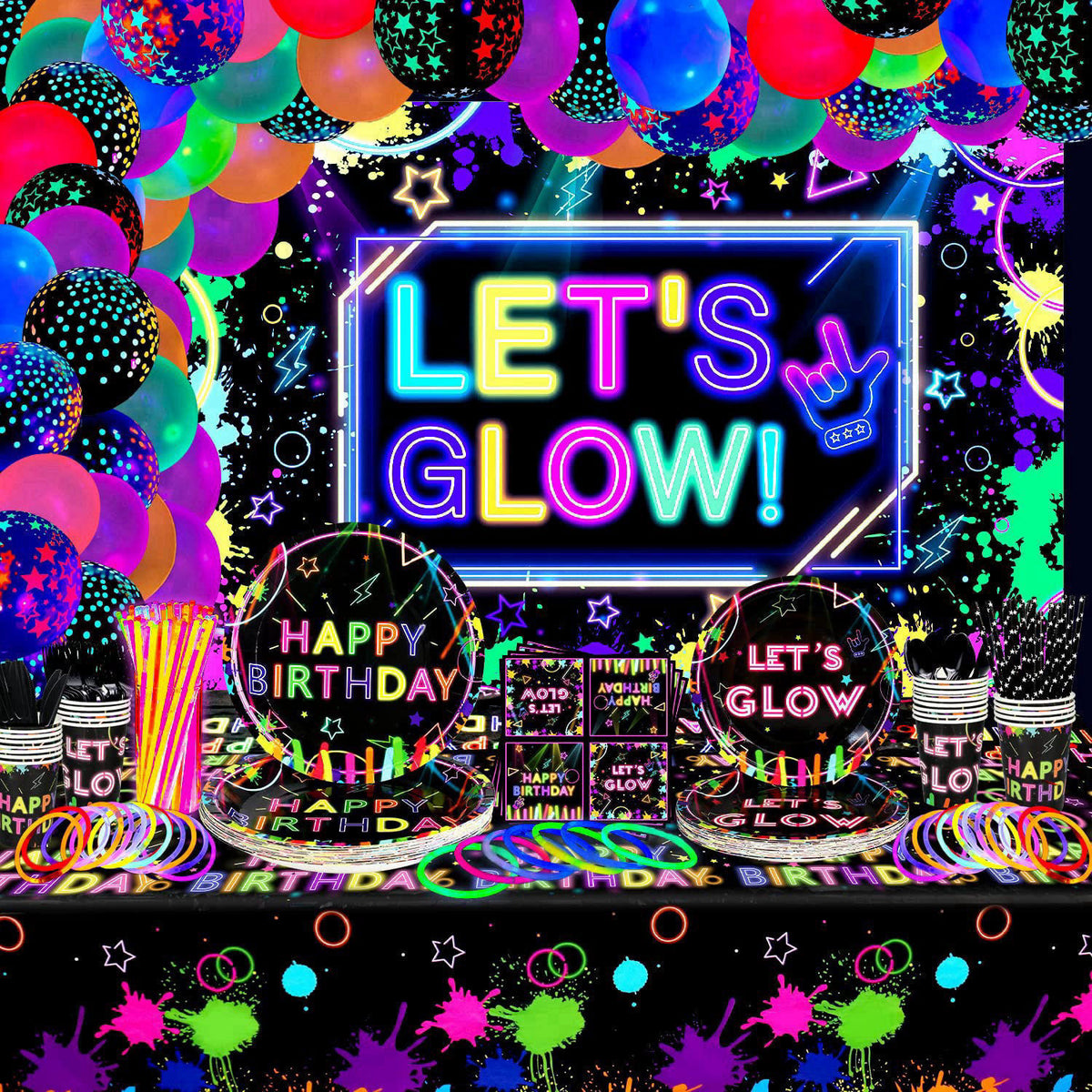 Ywediim Glow Neon Party Supplies - Glow in the Dark Birthday Let's Glow Backdrop Banner, Plates, Glow Sticks, Tablecloth