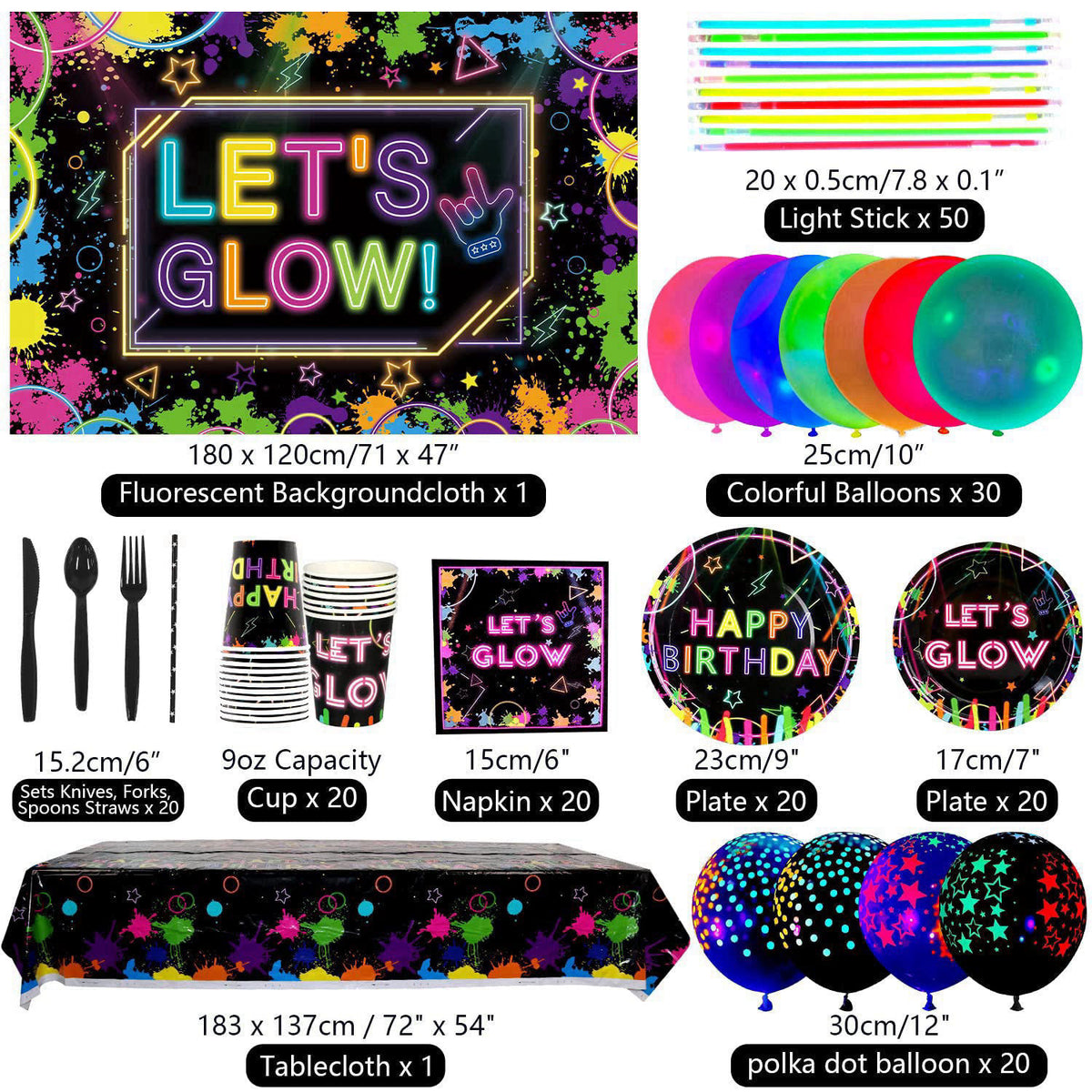Ywediim Glow Neon Party Supplies - Glow in the Dark Birthday Let's Glow Backdrop Banner, Plates, Glow Sticks, Tablecloth