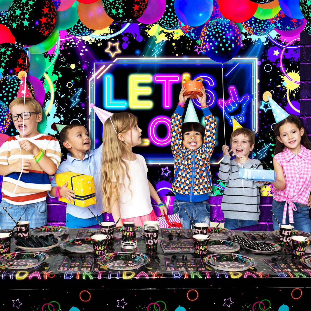 Ywediim Glow Neon Party Supplies - Glow in the Dark Birthday Let's Glow Backdrop Banner, Plates, Glow Sticks, Tablecloth