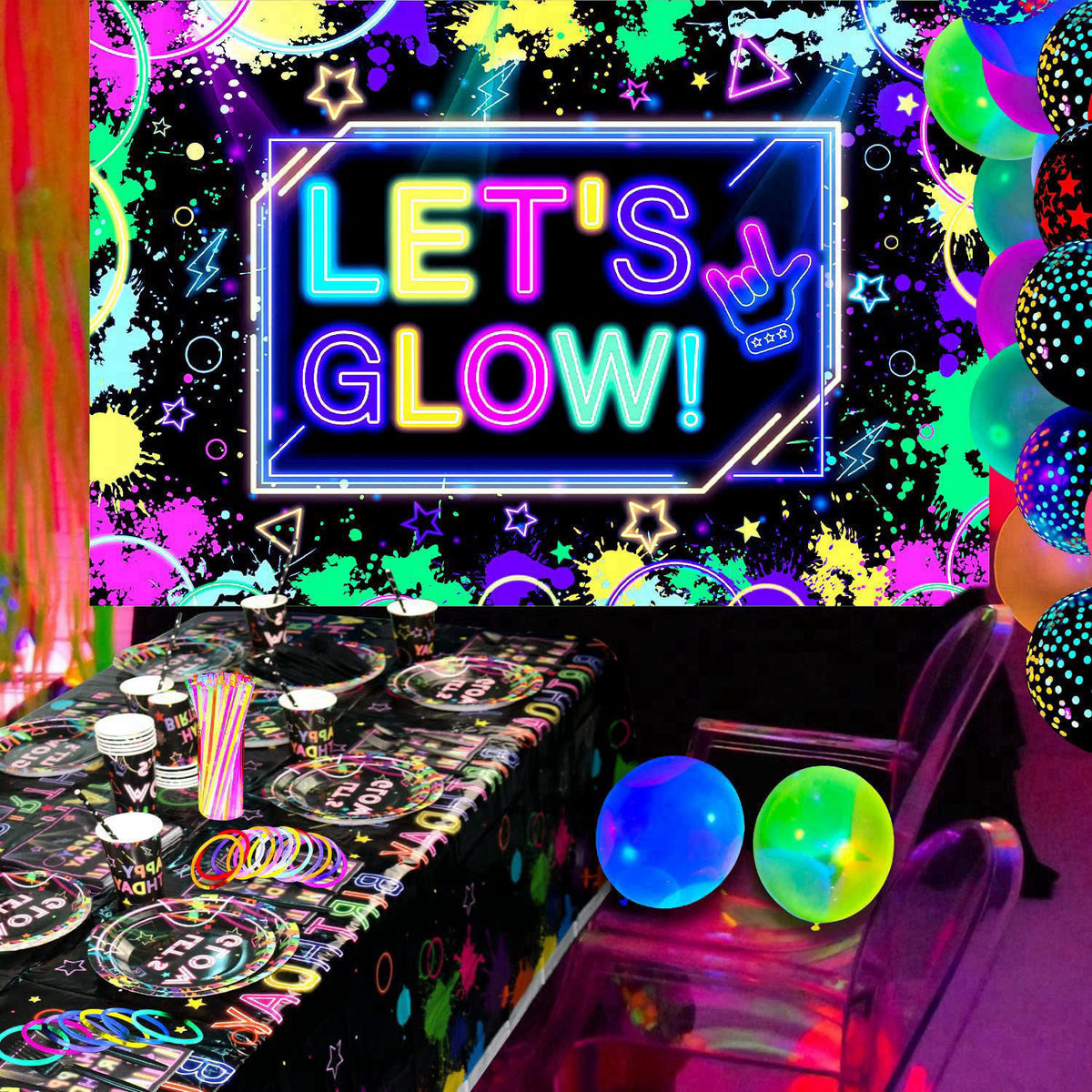 Ywediim Glow Neon Party Supplies - Glow in the Dark Birthday Let's Glow Backdrop Banner, Plates, Glow Sticks, Tablecloth