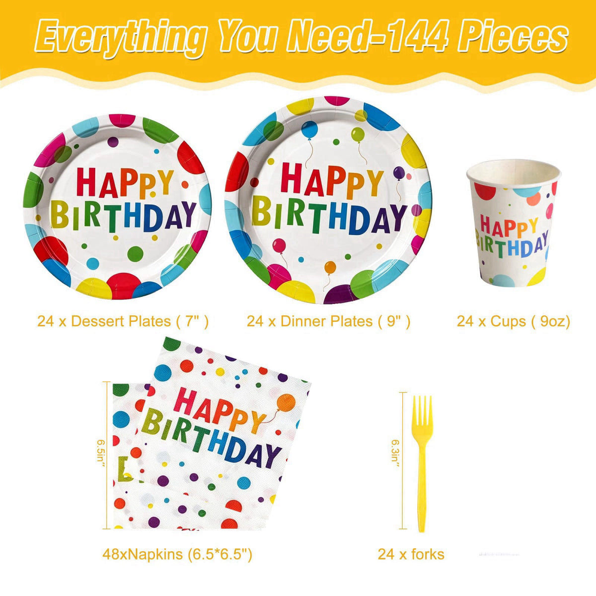 COSINIA 144 Pcs Birthday Party Tableware Set for 24 Guests, Heavy-Duty 7" & 9" Paper Plates, Cups, 2-Ply 13"