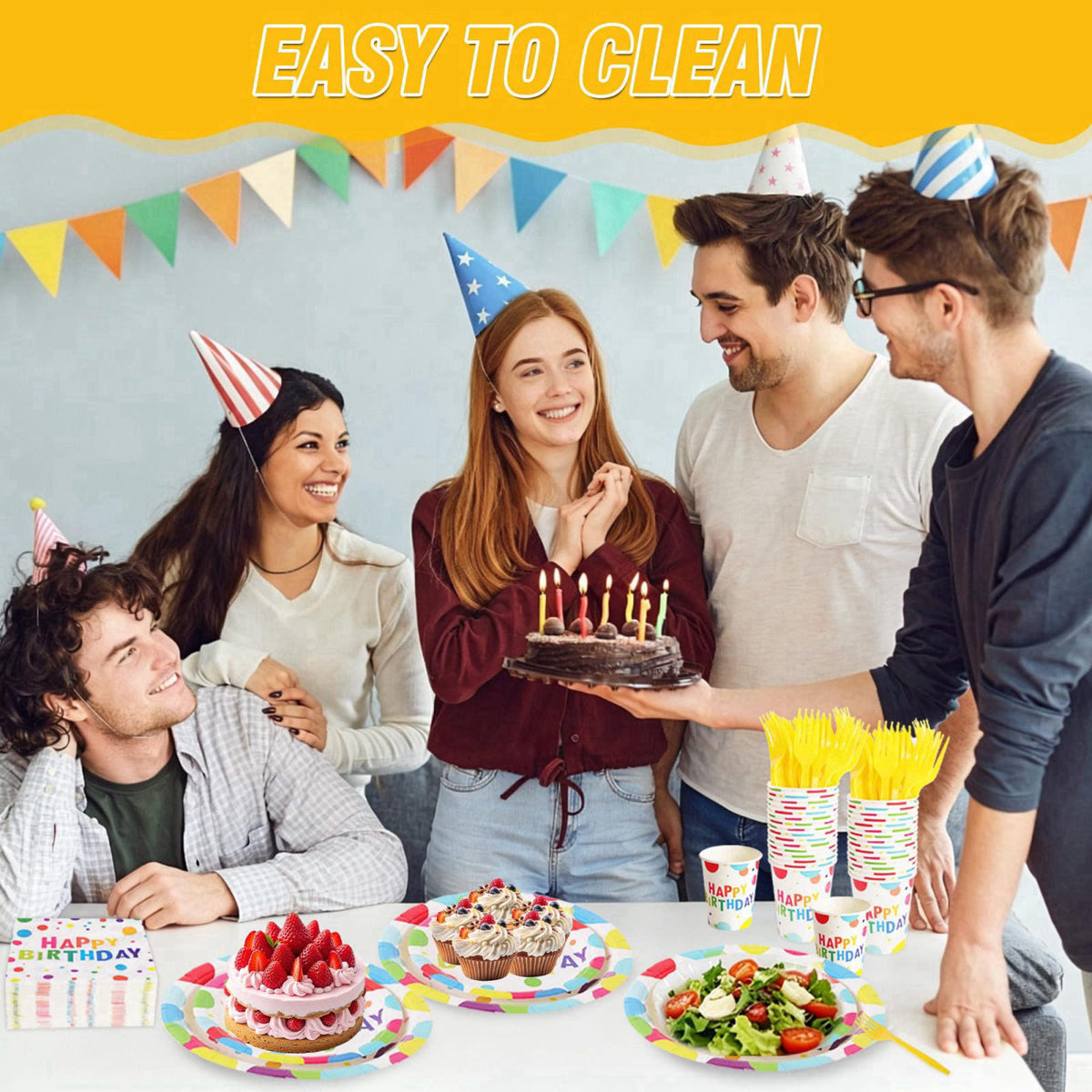 COSINIA 144 Pcs Birthday Party Tableware Set for 24 Guests, Heavy-Duty 7" & 9" Paper Plates, Cups, 2-Ply 13"
