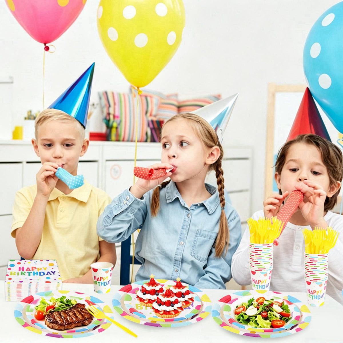 COSINIA 144 Pcs Birthday Party Tableware Set for 24 Guests, Heavy-Duty 7" & 9" Paper Plates, Cups, 2-Ply 13"