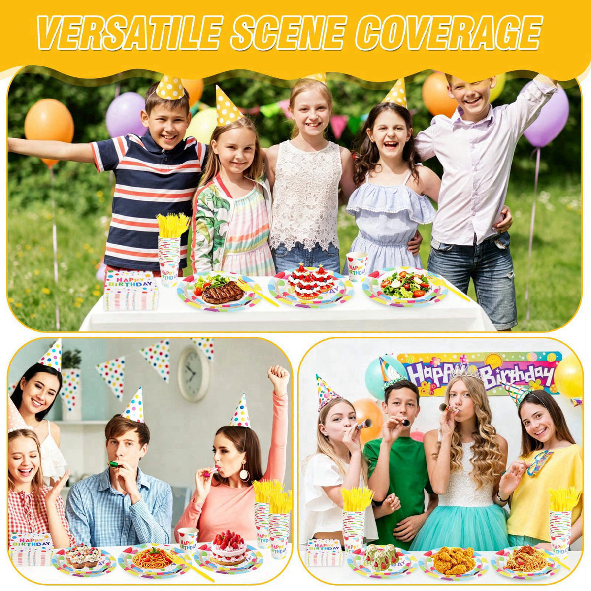COSINIA 144 Pcs Birthday Party Tableware Set for 24 Guests, Heavy-Duty 7" & 9" Paper Plates, Cups, 2-Ply 13"