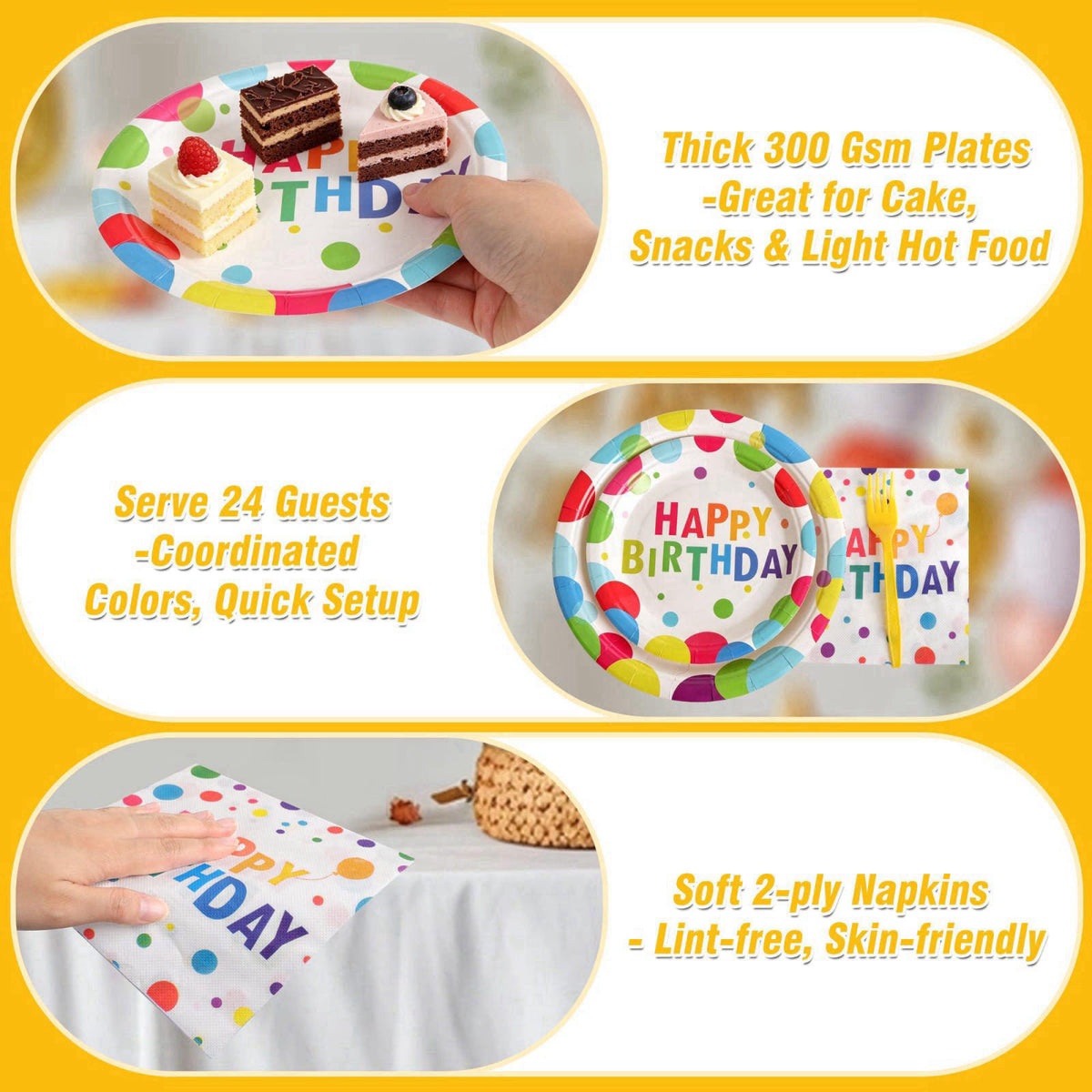 COSINIA 144 Pcs Birthday Party Tableware Set for 24 Guests, Heavy-Duty 7" & 9" Paper Plates, Cups, 2-Ply 13"