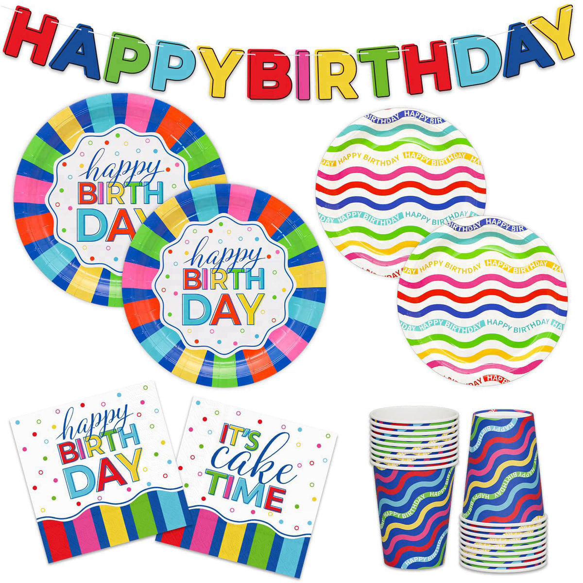 DYLIVeS Happy Birthday Party Supplies Colorful Waves Birthday Disposable Paper Birthday Plates Napkins Cups Banner Table
