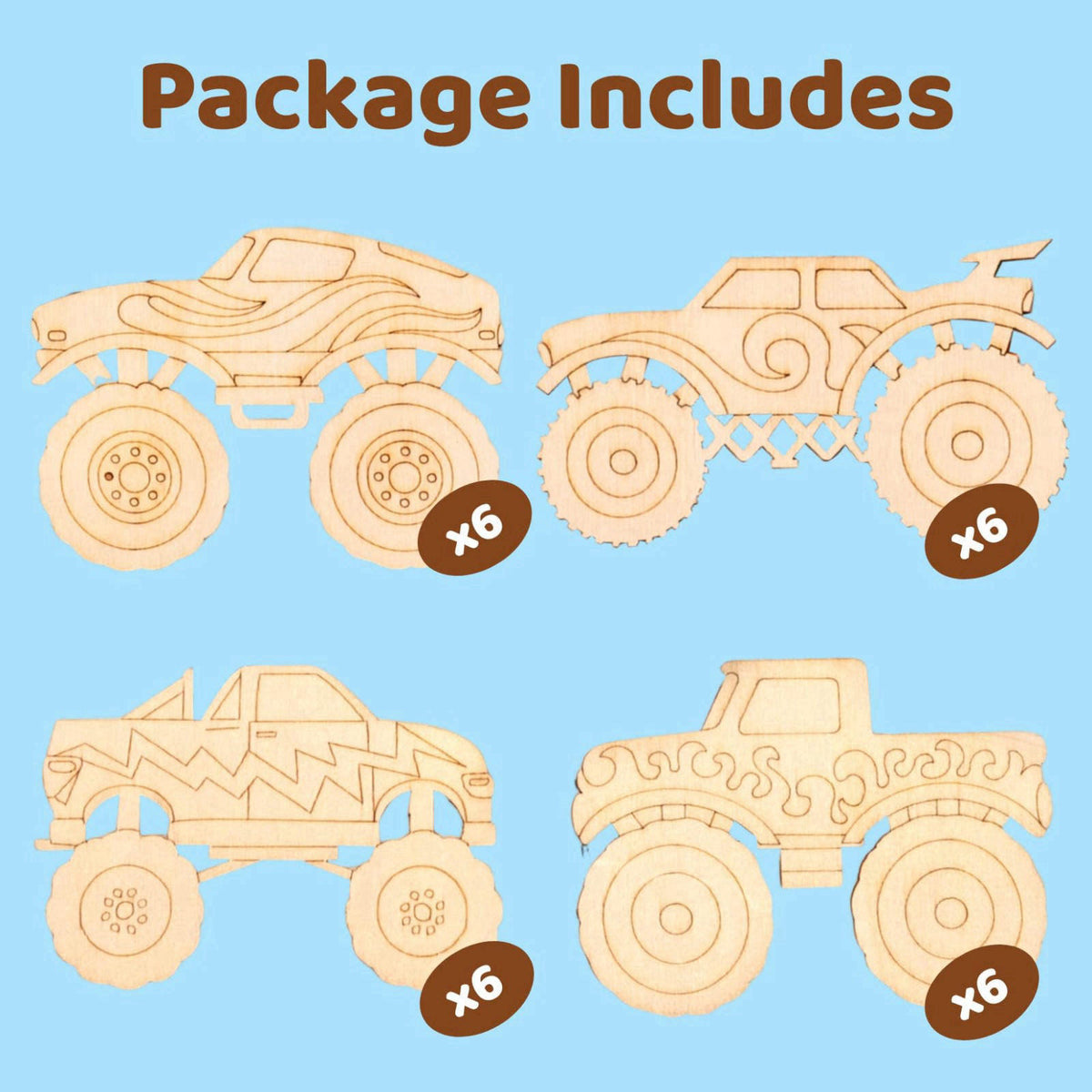 GOGREENWOVEN 24 Pack Monster Truck Party Favors, DIY Wood Painting Craft Kit with Cards – packaging and label