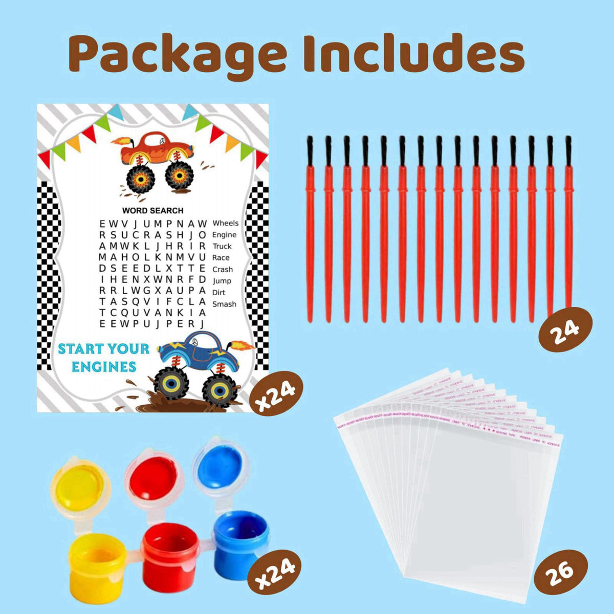 GOGREENWOVEN 24 Pack Monster Truck Party Favors, DIY Wood Painting Craft Kit with Cards – full view
