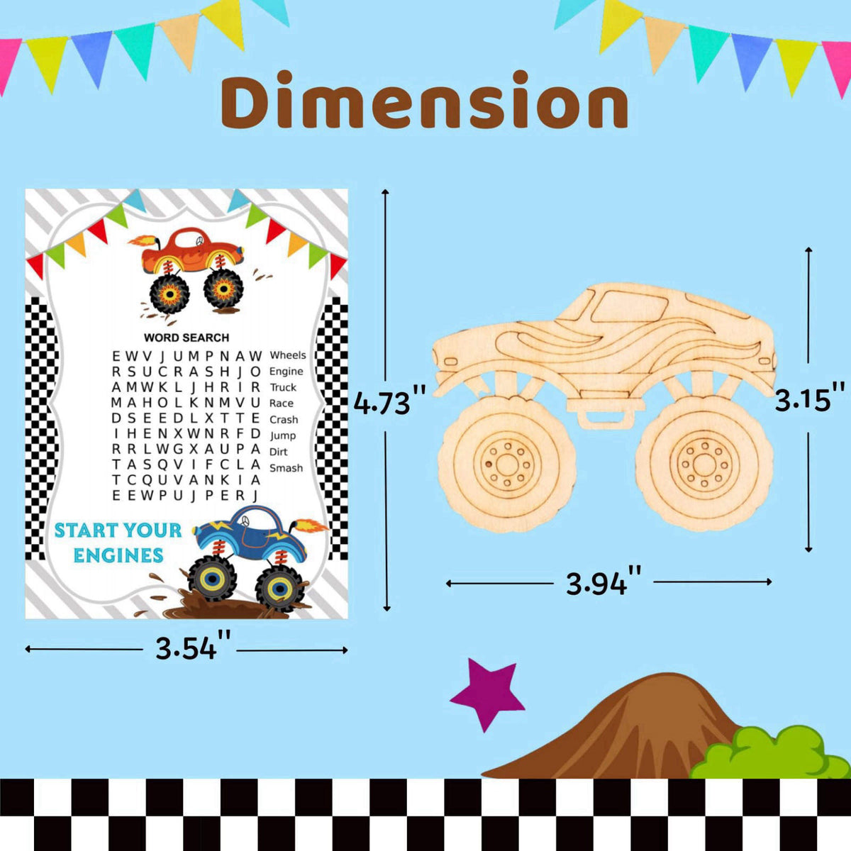 GOGREENWOVEN 24 Pack Monster Truck Party Favors, DIY Wood Painting Craft Kit with Cards – back view and specifications