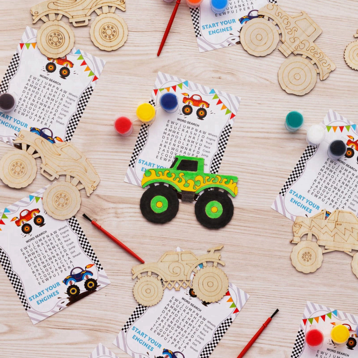 GOGREENWOVEN 24 Pack Monster Truck Party Favors, DIY Wood Painting Craft Kit with Cards – alternate angle