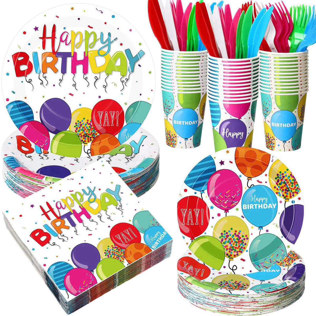 Sunnychicc 400 Pcs Happy Birthday Party Decorations, Disposable Paper Plates Bulk Napkins and Cups Colorful Tableware Se
