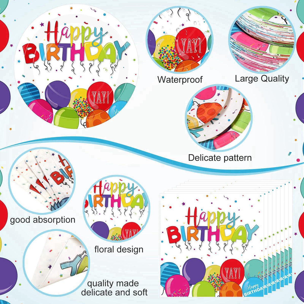 Sunnychicc 400 Pcs Happy Birthday Party Decorations, Disposable Paper Plates Bulk Napkins and Cups Colorful Tableware Se