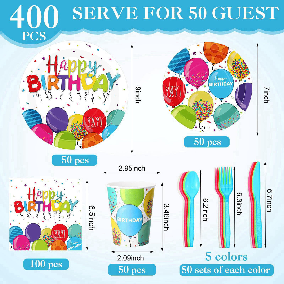 Sunnychicc 400 Pcs Happy Birthday Party Decorations, Disposable Paper Plates Bulk Napkins and Cups Colorful Tableware Se