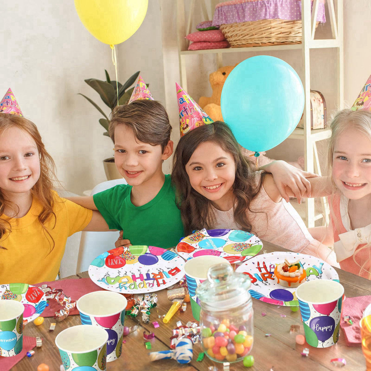 Sunnychicc 400 Pcs Happy Birthday Party Decorations, Disposable Paper Plates Bulk Napkins and Cups Colorful Tableware Se