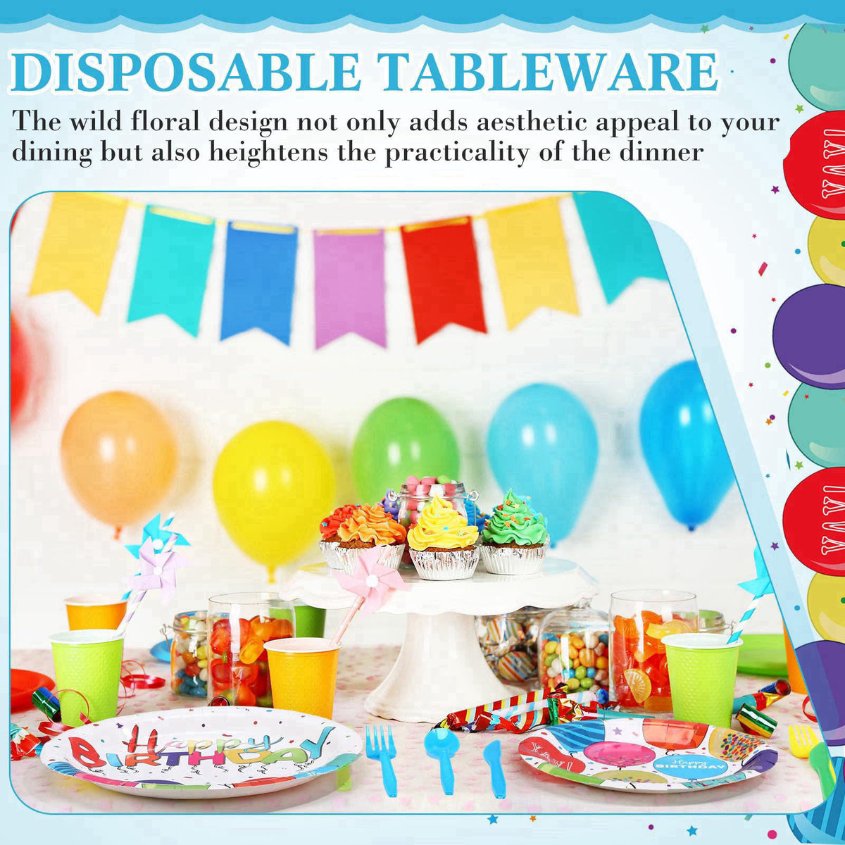 Sunnychicc 400 Pcs Happy Birthday Party Decorations, Disposable Paper Plates Bulk Napkins and Cups Colorful Tableware Se