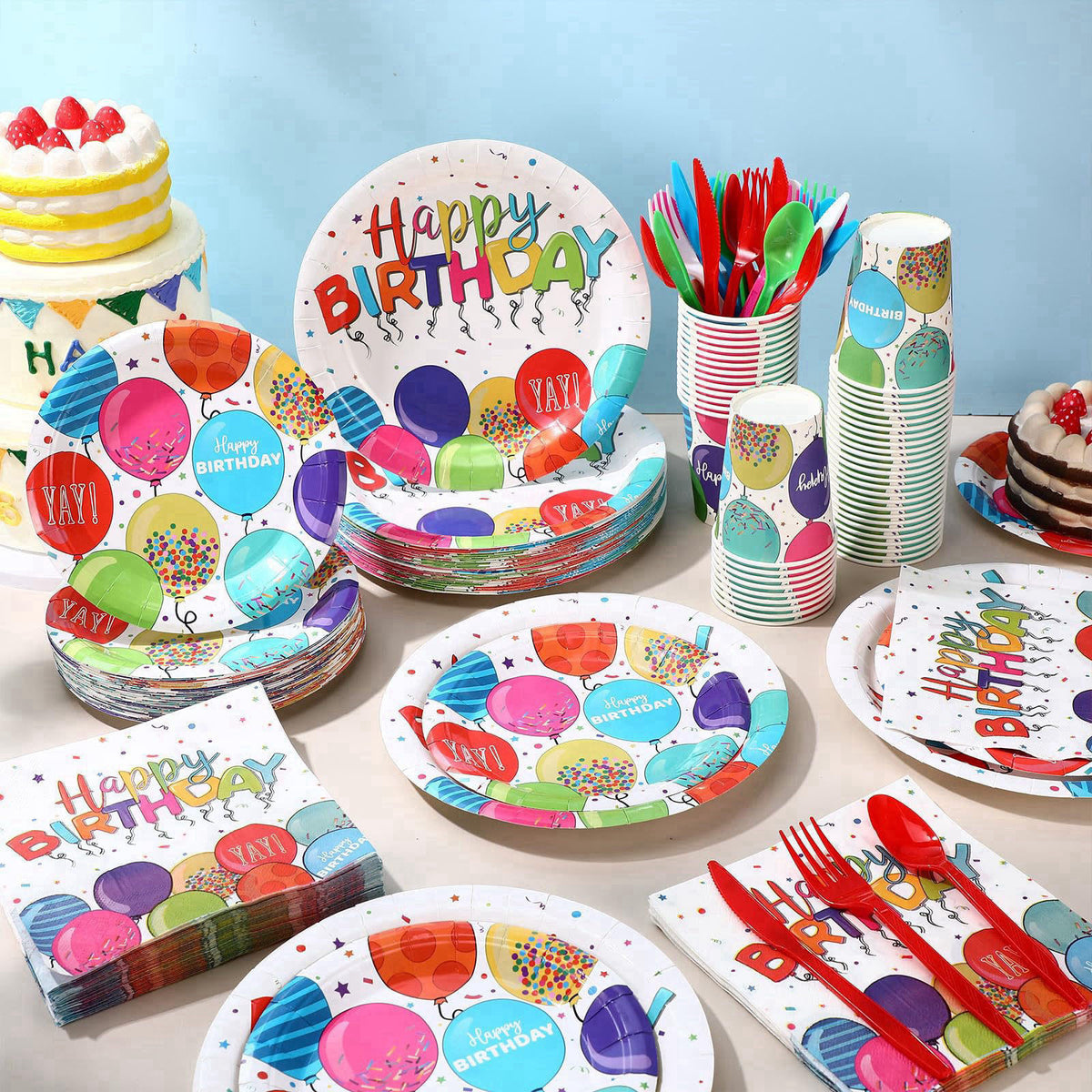 Sunnychicc 400 Pcs Happy Birthday Party Decorations, Disposable Paper Plates Bulk Napkins and Cups Colorful Tableware Se