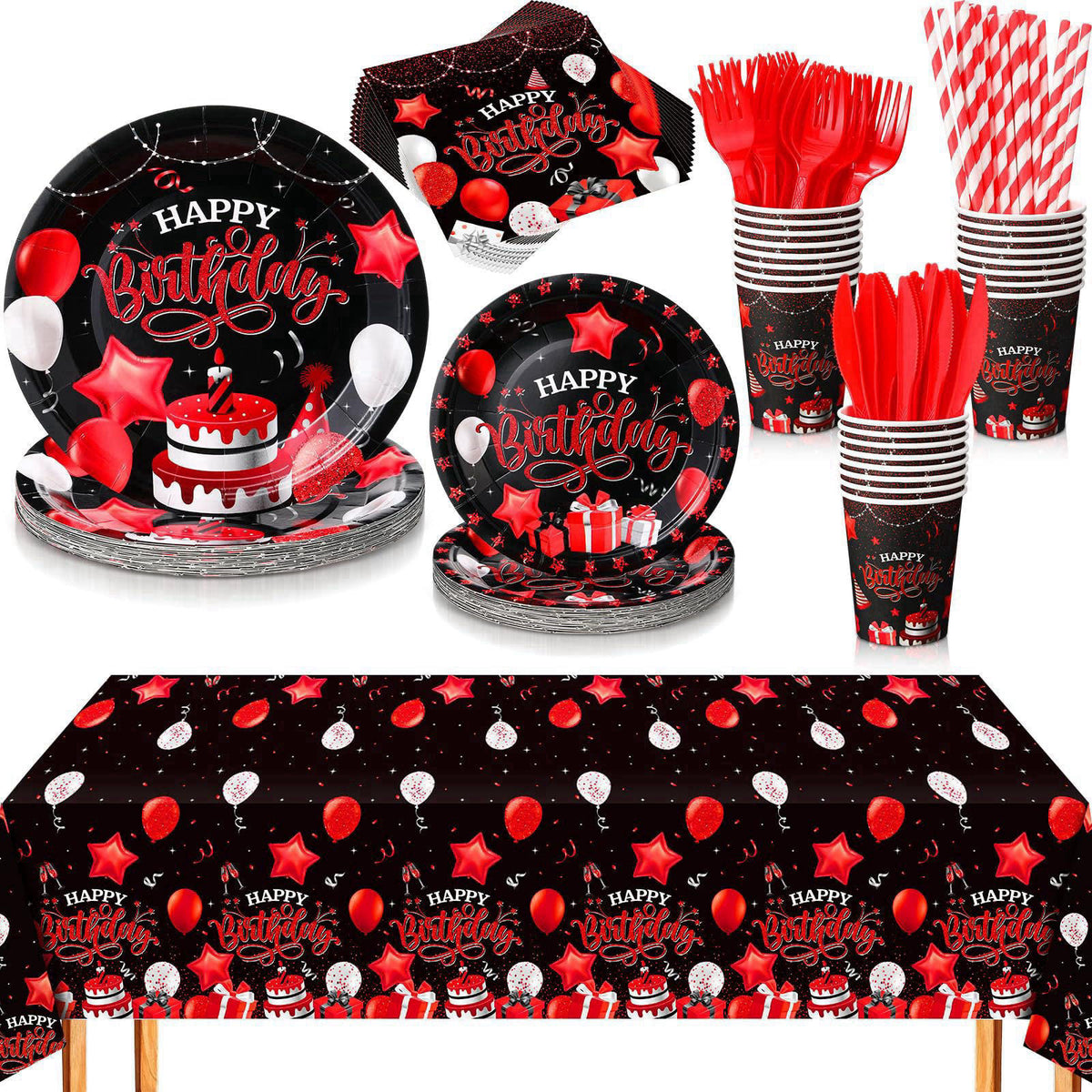 Norme 176 Pcs Black and Red Birthday Tableware Set Birthday Decoration Includes Tablecloth Paper Plates Napkins Paper Cu