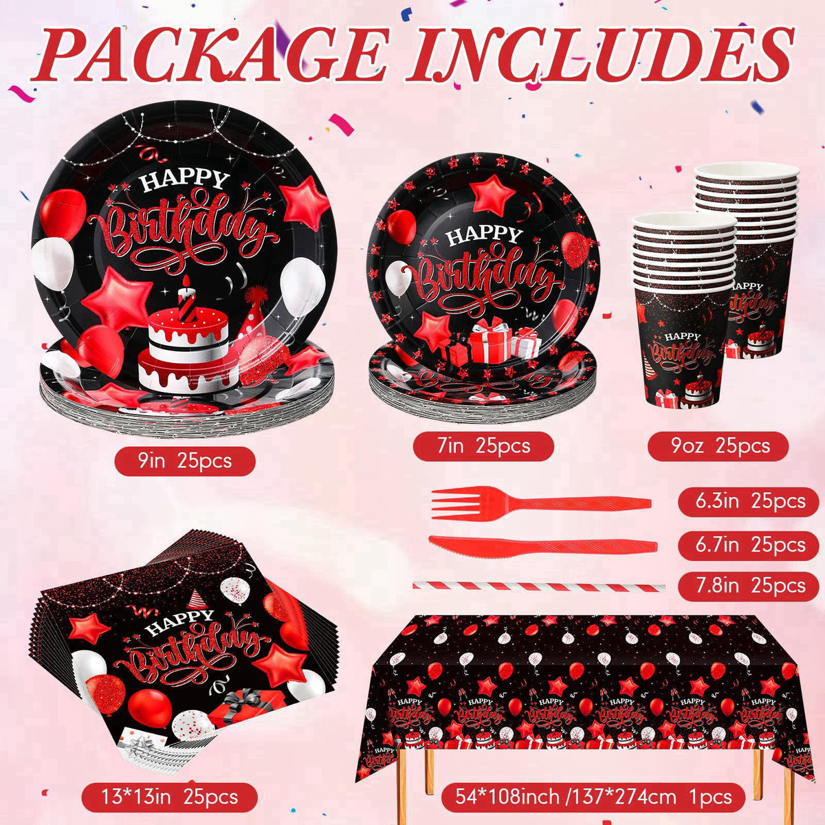 Norme 176 Pcs Black and Red Birthday Tableware Set Birthday Decoration Includes Tablecloth Paper Plates Napkins Paper Cu