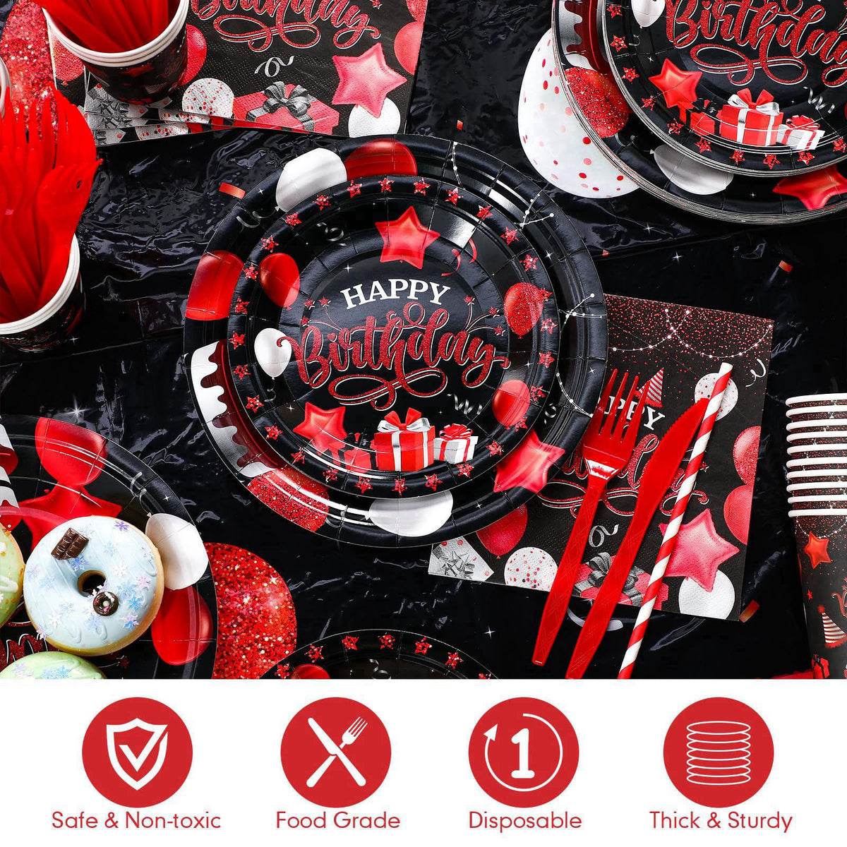 Norme 176 Pcs Black and Red Birthday Tableware Set Birthday Decoration Includes Tablecloth Paper Plates Napkins Paper Cu