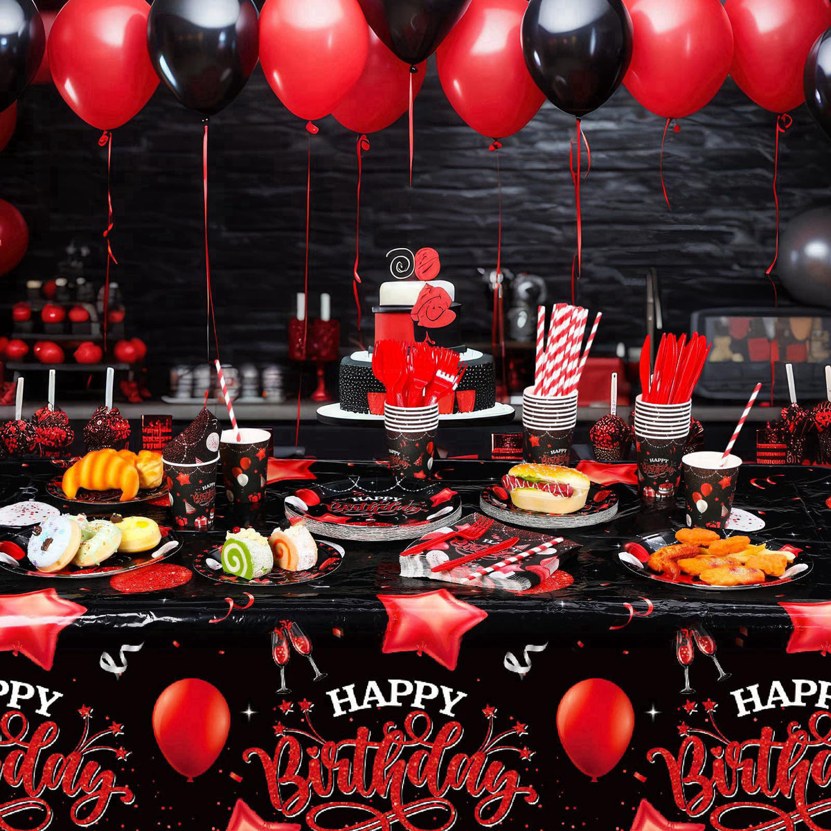 Norme 176 Pcs Black and Red Birthday Tableware Set Birthday Decoration Includes Tablecloth Paper Plates Napkins Paper Cu
