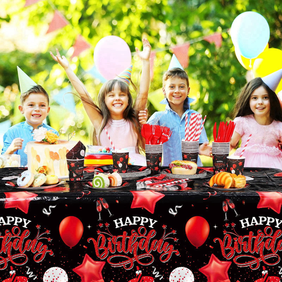 Norme 176 Pcs Black and Red Birthday Tableware Set Birthday Decoration Includes Tablecloth Paper Plates Napkins Paper Cu