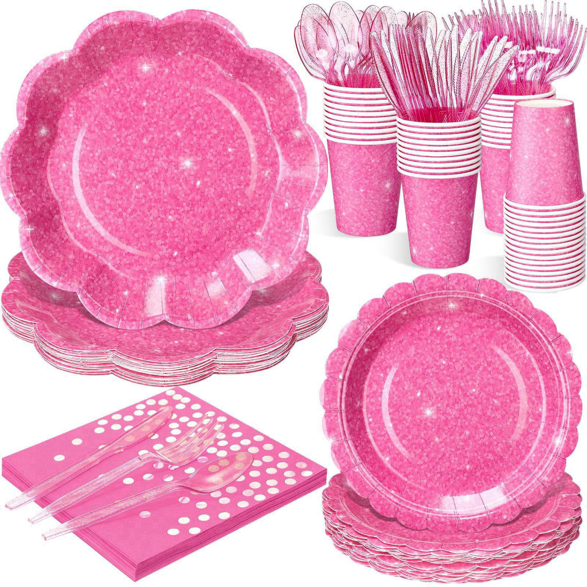 Hushee 175 Pcs Hot Pink Party Supplies 25 Guests Holographic Print Disposable Dinnerware Include Scalloped Plates, Napki