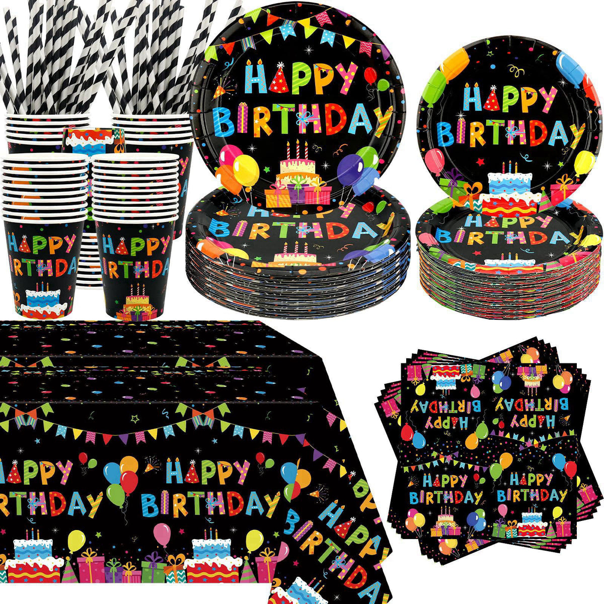 Obussgar Colourful Party Decoration - Black and Colourful Party Tableware Supplies Includes Plates, Cups, Napkins, Table