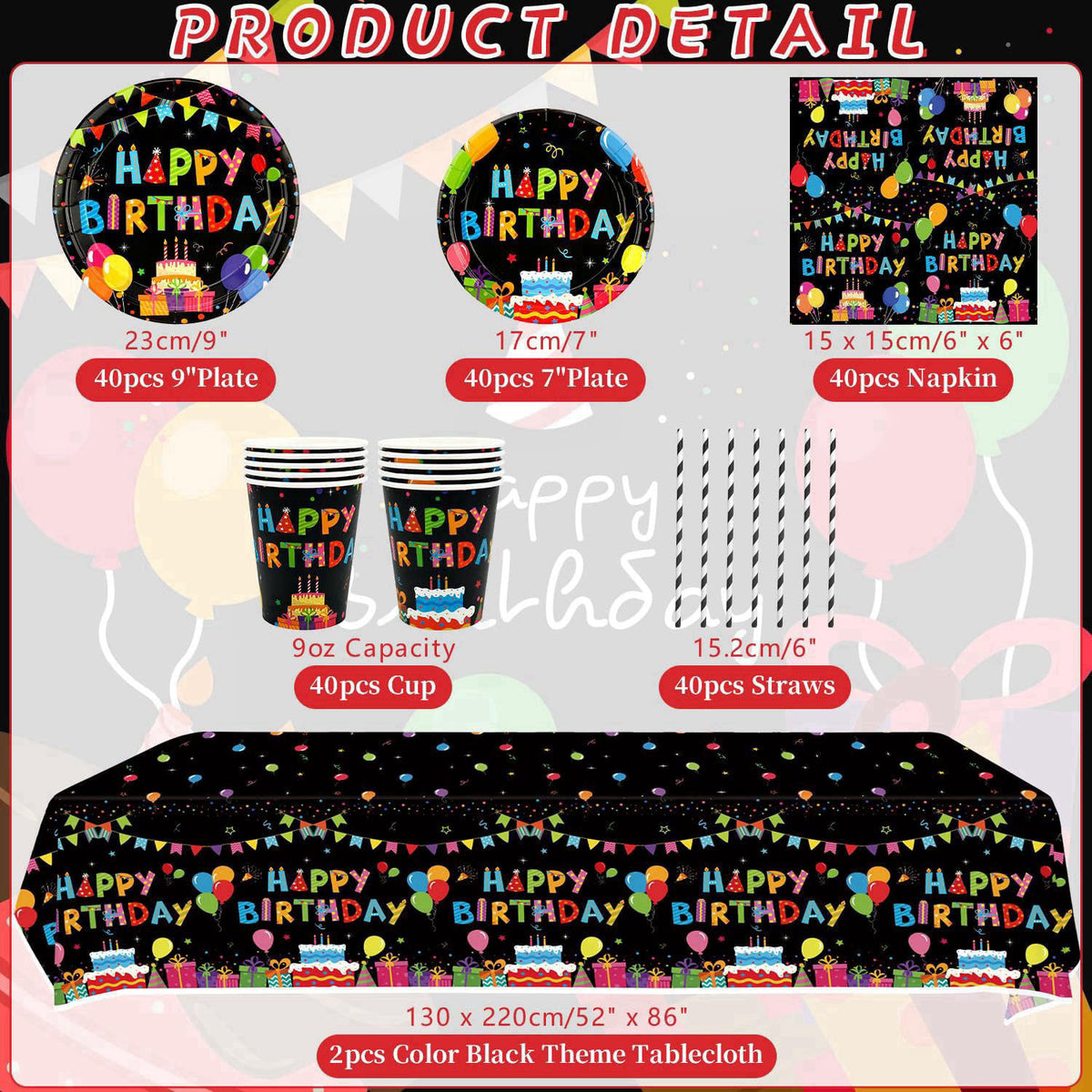 Obussgar Colourful Party Decoration - Black and Colourful Party Tableware Supplies Includes Plates, Cups, Napkins, Table