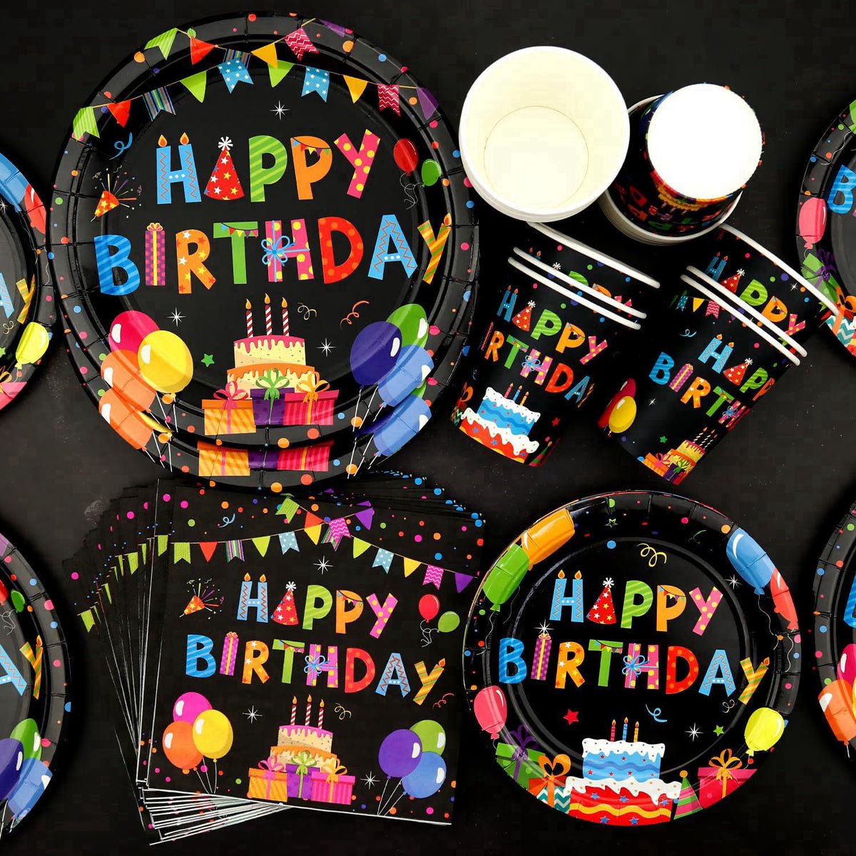 Obussgar Colourful Party Decoration - Black and Colourful Party Tableware Supplies Includes Plates, Cups, Napkins, Table