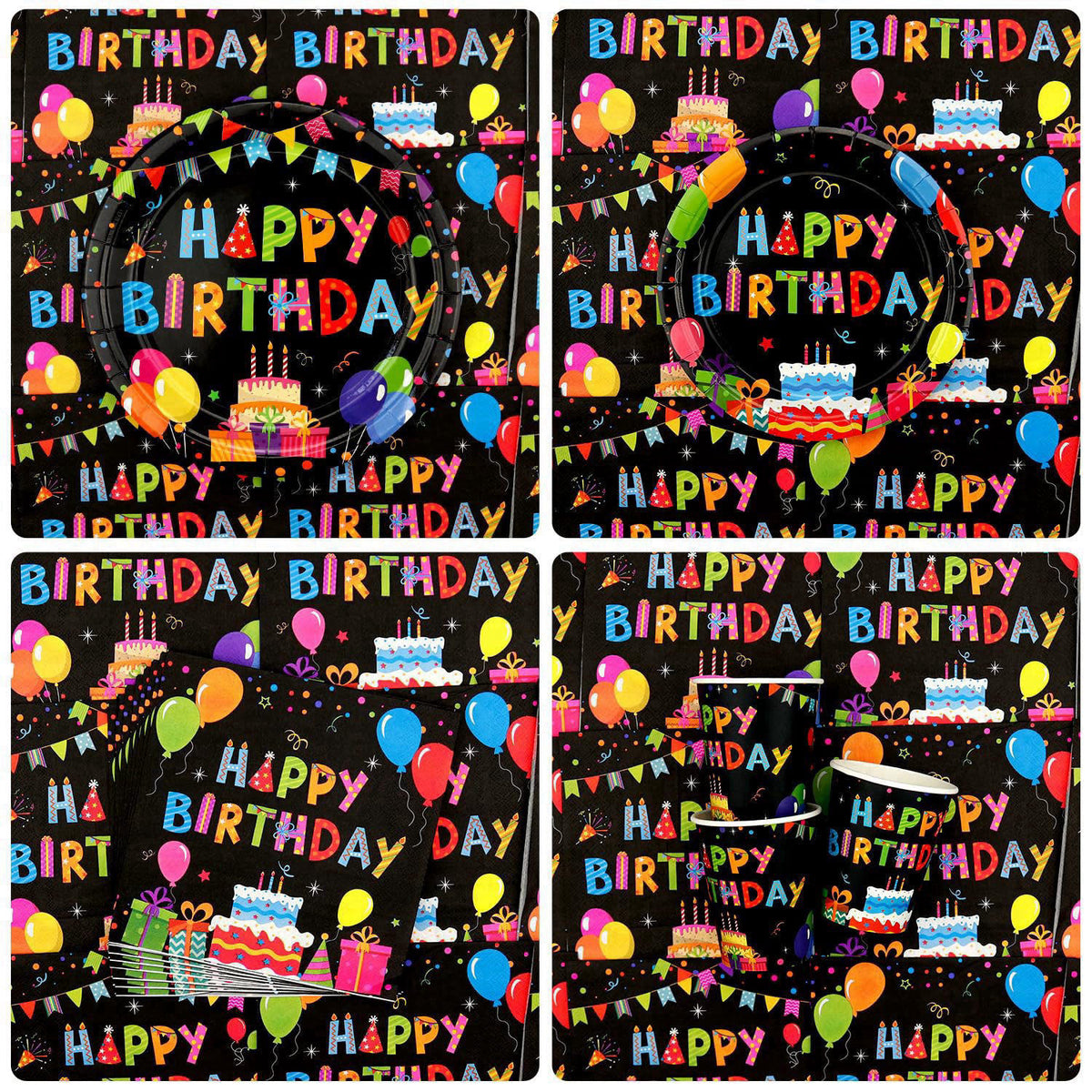 Obussgar Colourful Party Decoration - Black and Colourful Party Tableware Supplies Includes Plates, Cups, Napkins, Table