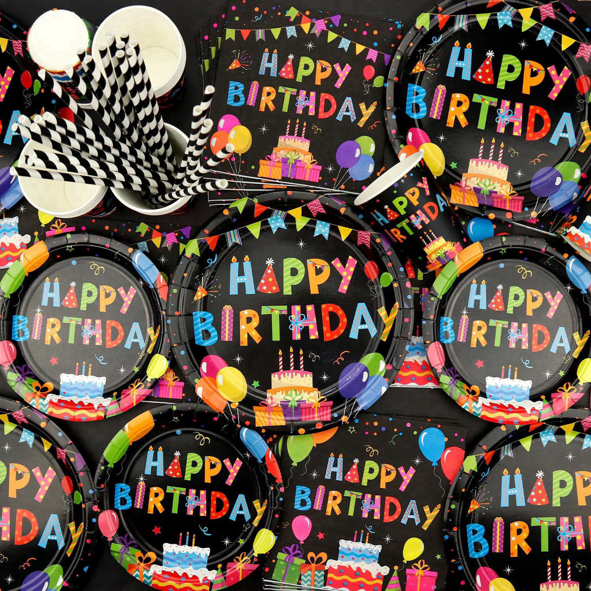 Obussgar Colourful Party Decoration - Black and Colourful Party Tableware Supplies Includes Plates, Cups, Napkins, Table