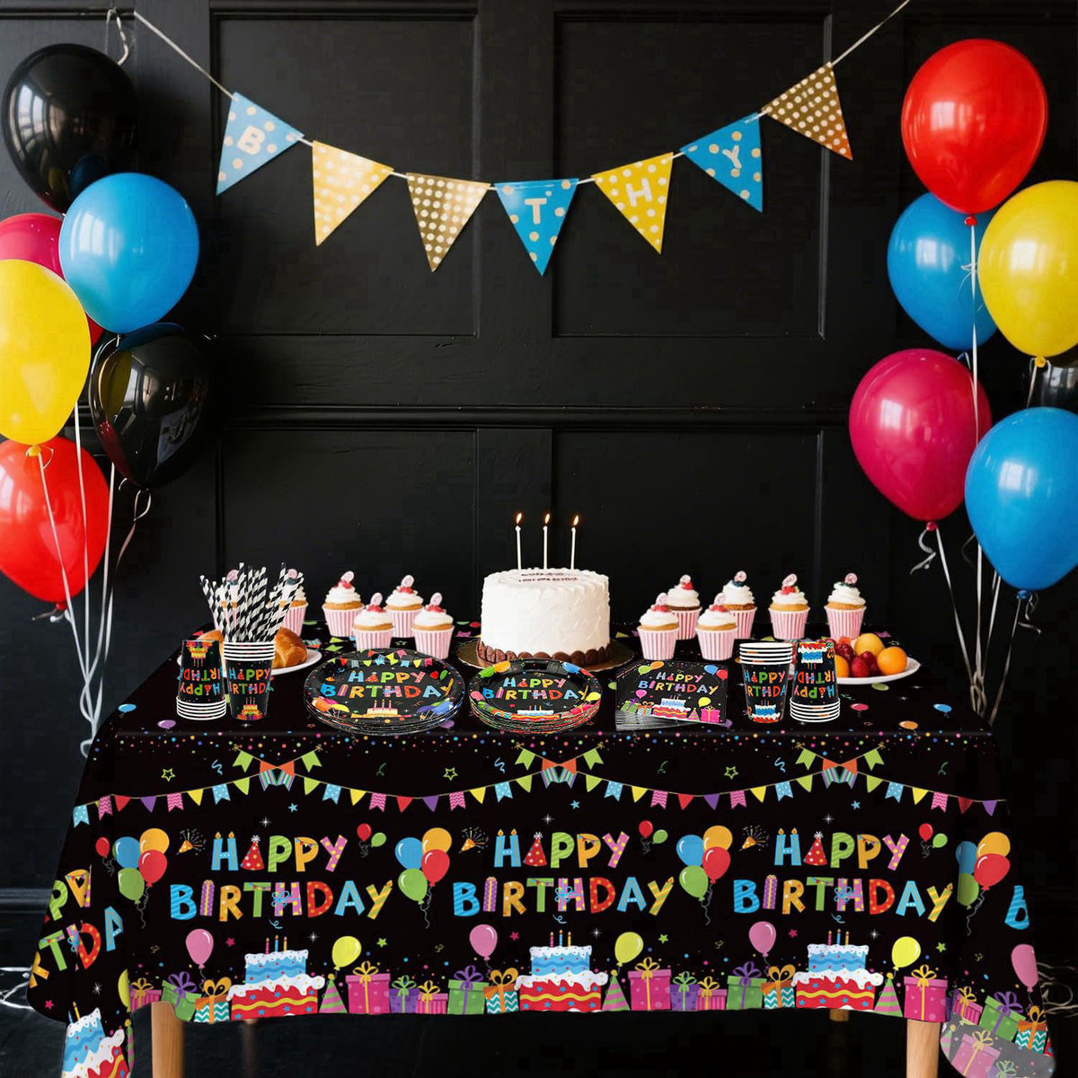 Obussgar Colourful Party Decoration - Black and Colourful Party Tableware Supplies Includes Plates, Cups, Napkins, Table
