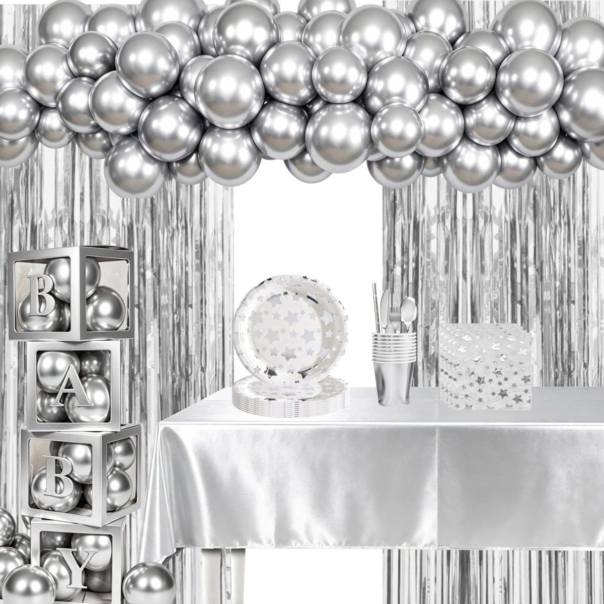 ZSYFXT 283PCS Silver Star Stamping Disposable Party Tableware Set for 20 Guests, Disposable Paper Plates Cups Napkins Cu