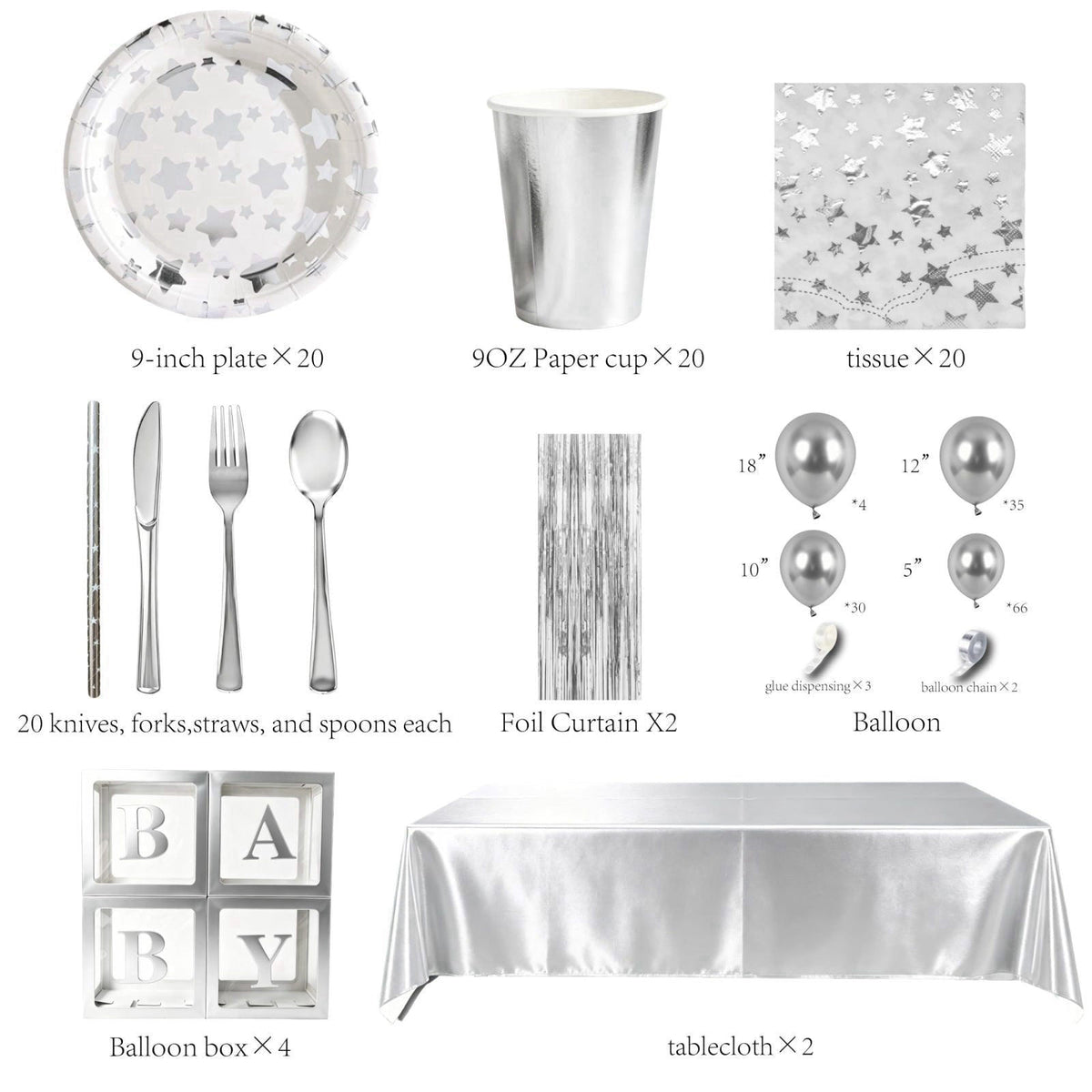 ZSYFXT 283PCS Silver Star Stamping Disposable Party Tableware Set for 20 Guests, Disposable Paper Plates Cups Napkins Cu