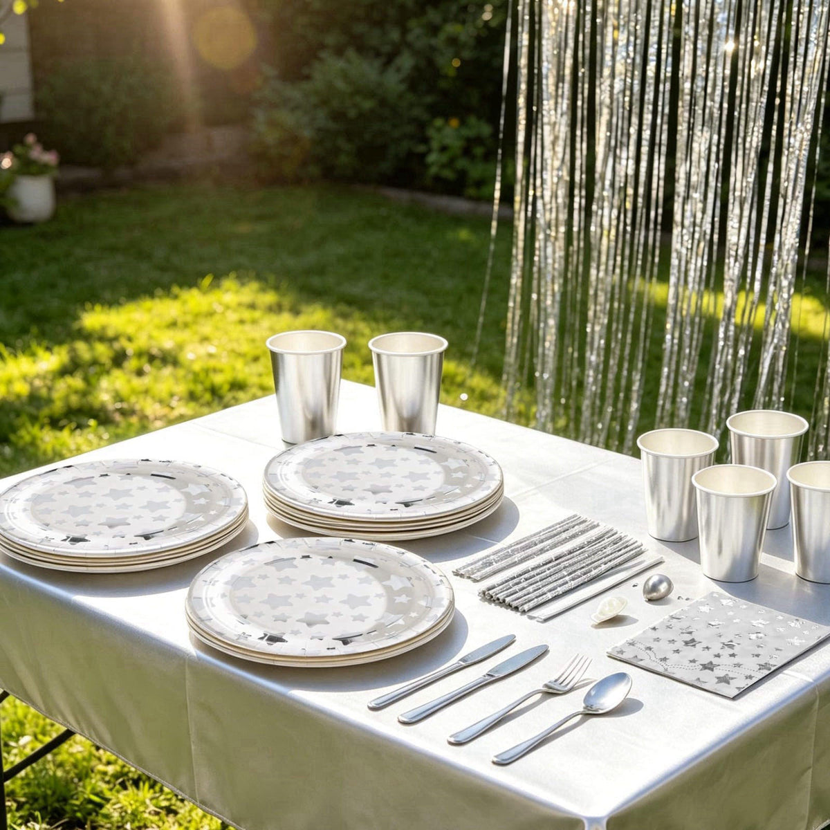 ZSYFXT 283PCS Silver Star Stamping Disposable Party Tableware Set for 20 Guests, Disposable Paper Plates Cups Napkins Cu