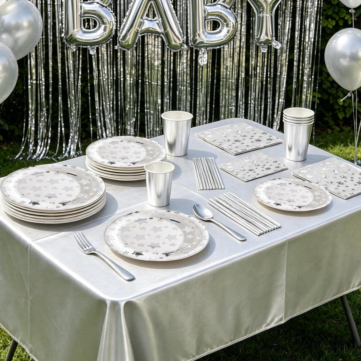 ZSYFXT 283PCS Silver Star Stamping Disposable Party Tableware Set for 20 Guests, Disposable Paper Plates Cups Napkins Cu