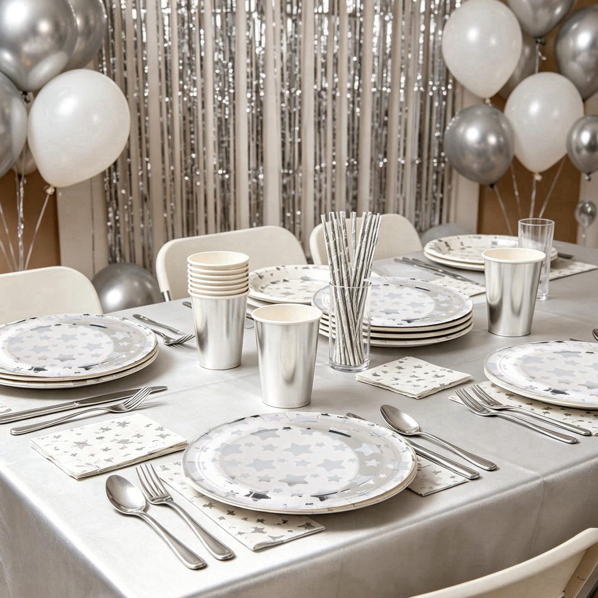 ZSYFXT 283PCS Silver Star Stamping Disposable Party Tableware Set for 20 Guests, Disposable Paper Plates Cups Napkins Cu