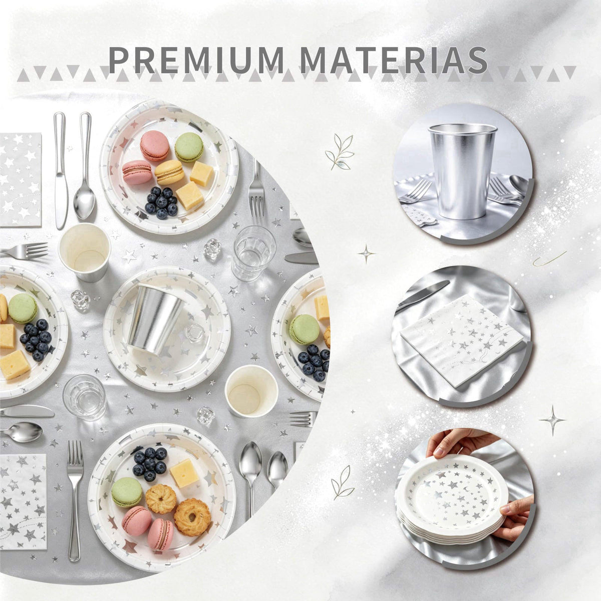 ZSYFXT 283PCS Silver Star Stamping Disposable Party Tableware Set for 20 Guests, Disposable Paper Plates Cups Napkins Cu