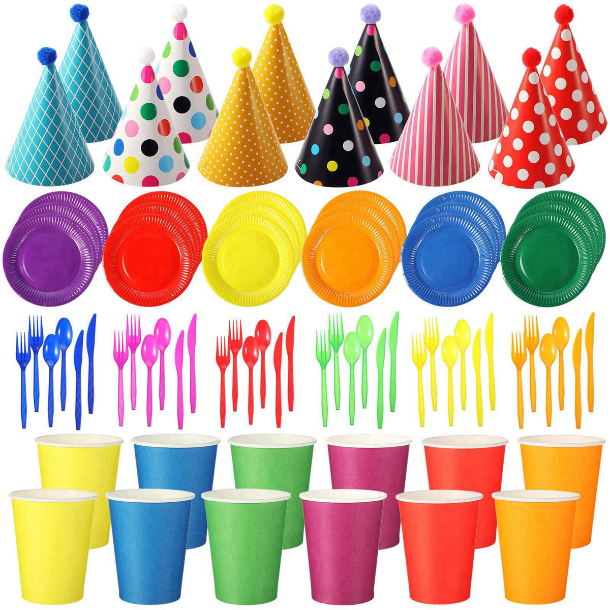 Teenyyou 180 Pcs Kids Birthday Party Supplies Serves 30 Include Birthday Cone Hats Rainbow Paper Plates Cups Plastic Cut