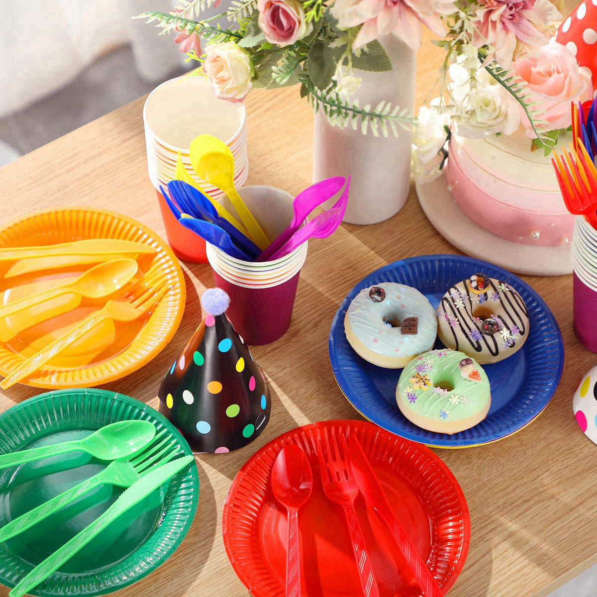 Teenyyou 180 Pcs Kids Birthday Party Supplies Serves 30 Include Birthday Cone Hats Rainbow Paper Plates Cups Plastic Cut